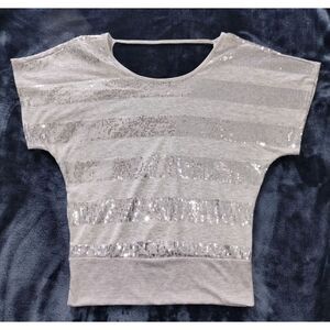 Women's Two Hearts Gray w/Silver Sequins Striped Top (Size Lg)